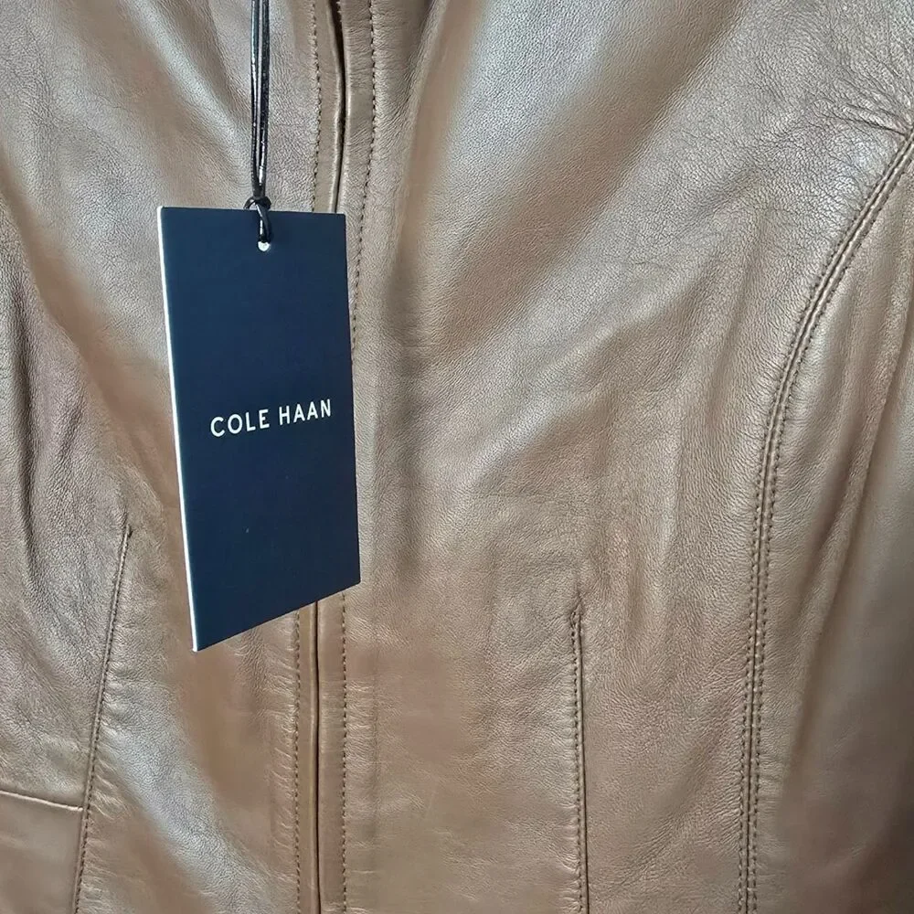 NWT Cole Haan Size Medium Hickory Women's Wing Collar Leather Jacket $498 MSRP - Picture 5 of 9